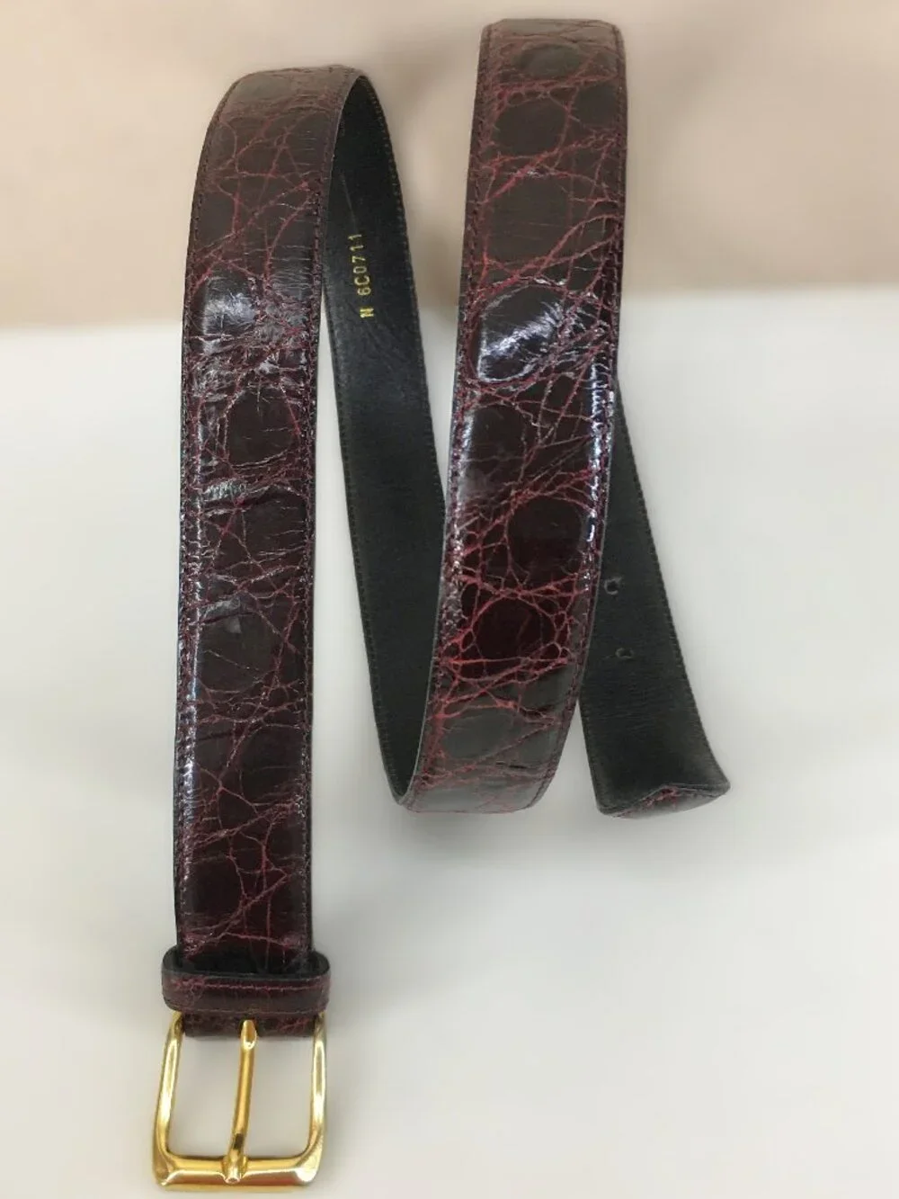 Vintage GARY'S & CO Genuine Caiman Crocodile Leather Belt 40 Burgundy Brass